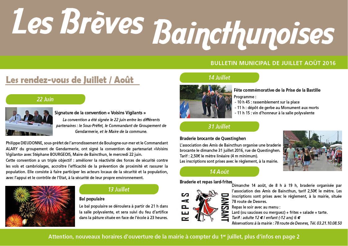 Brèves Baincthunoises - Juillet / Août 2016